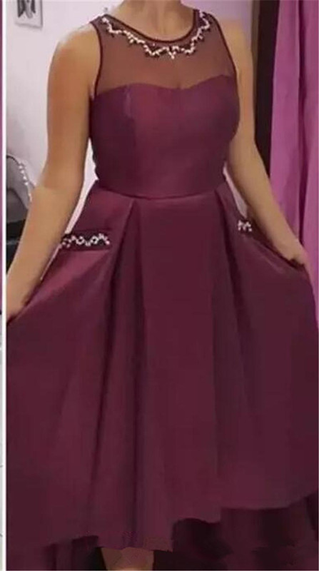 Burgundy High Low Prom Dresses Sheer Neck Backless Maid of Honor Gowns Sequins Beaded Formal Party Dress Evening Gowns