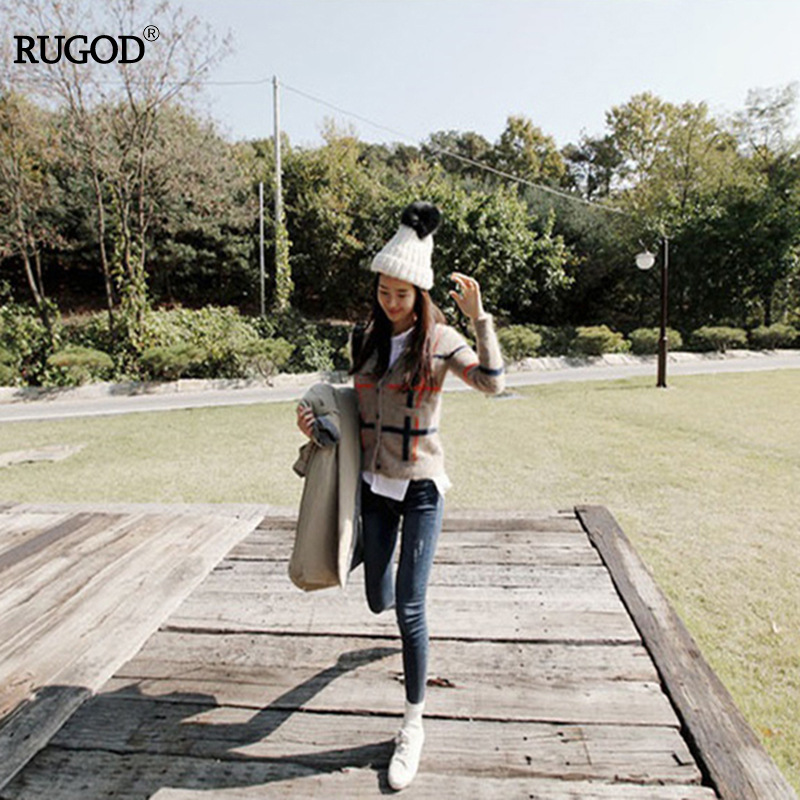 RUGOD 2017 Autumn Newest Mink Cashmere Women Open Stitch Office Lady V-neck Cardigans England Plaid Pockets Basic Female Sweater