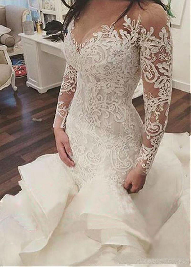 Newest Long Sleeves Mermaid Wedding Dress Vestido De Noiva Sheer Lace Applique Tiered Train Bridal Gowns Custom Made