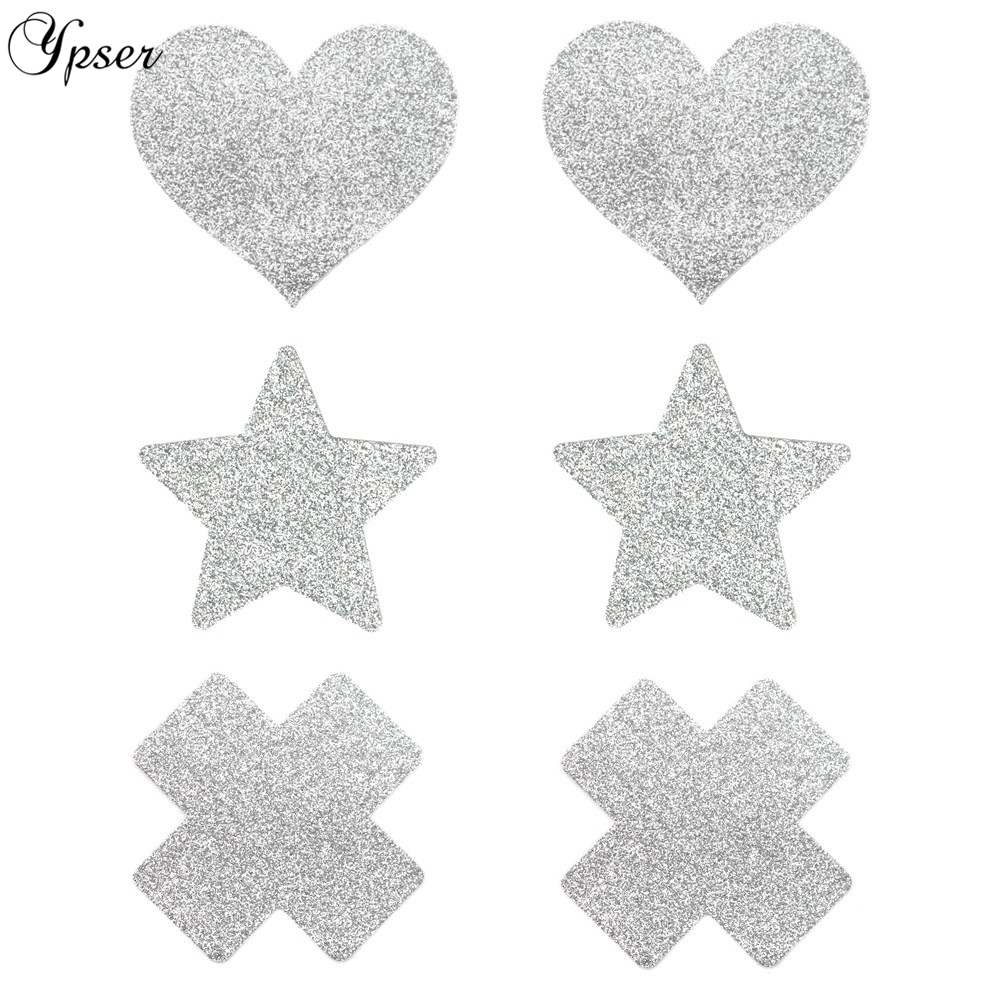 

Ypser 3 Pairs Mixed Silver Nipple Cover Breast Petals Milk Paste Disposable Adhesive Stain Fashion Pasties Heart Star Cross