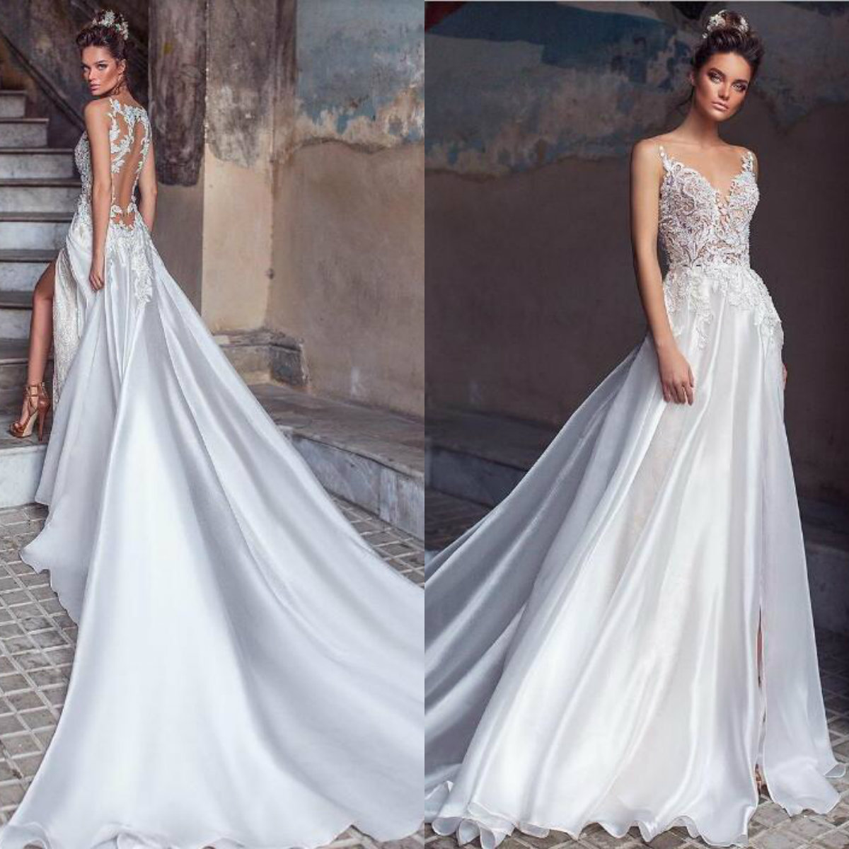 2019 Upscale Silk Wedding Dress Customized Lace Appliques Side Split Sweep Train Bridal Gowns Sheer Back Flowing Beach Wedding Dresses