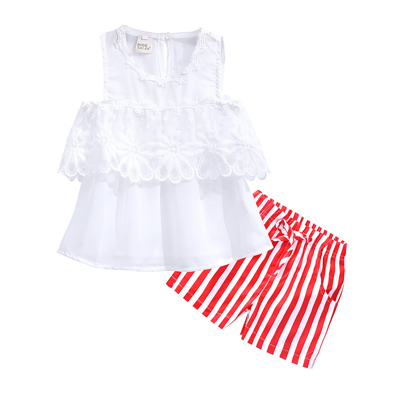 Baby Girls Summer Clothes Set Kids Lace Flowers Off Shoulder White Top + Stripe Shorts Girl 2pcs Set Children Outfits Clothing Suit 13425