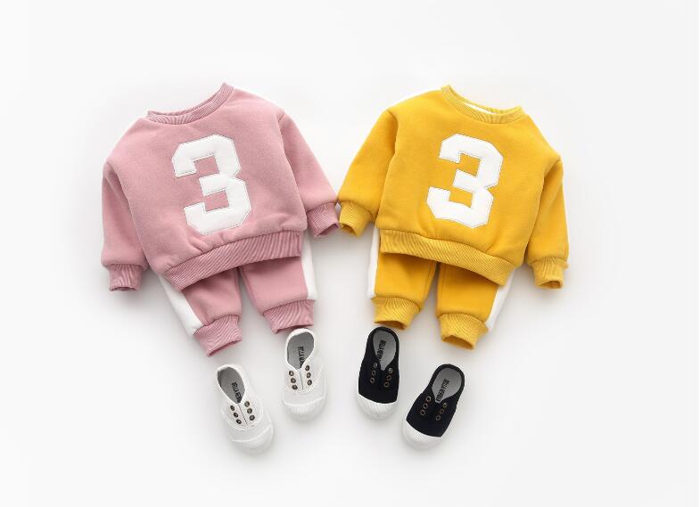 2018 new baby boys and girls digital striped sweater casual pants plus velvet suit, Pink