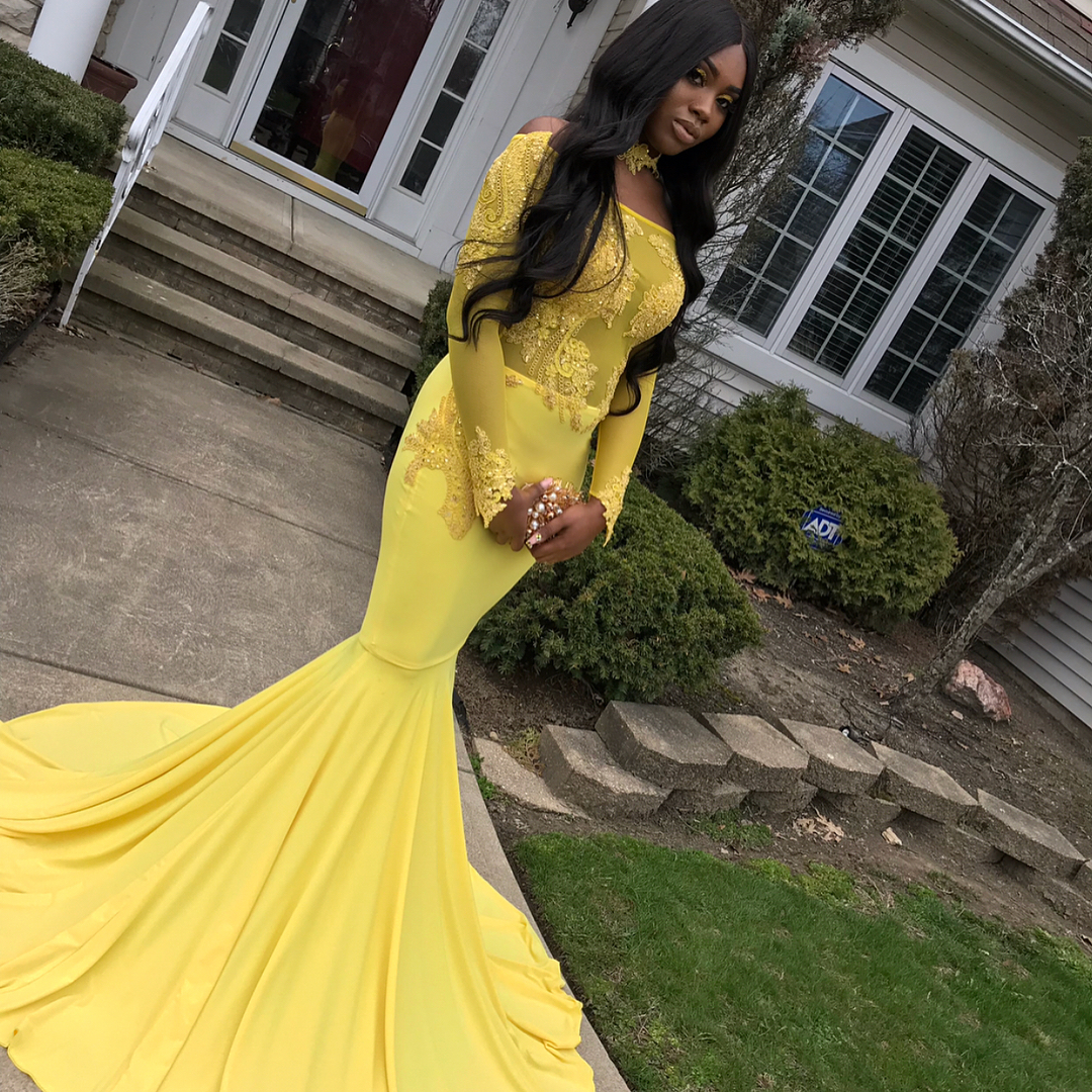 Girl Black Mermaid Prom Dresses Yellow Off The Shoulder Long Sleeves Evening Gowns Vestidos De Fiesta Sweep Train Appliqued Formal Dress