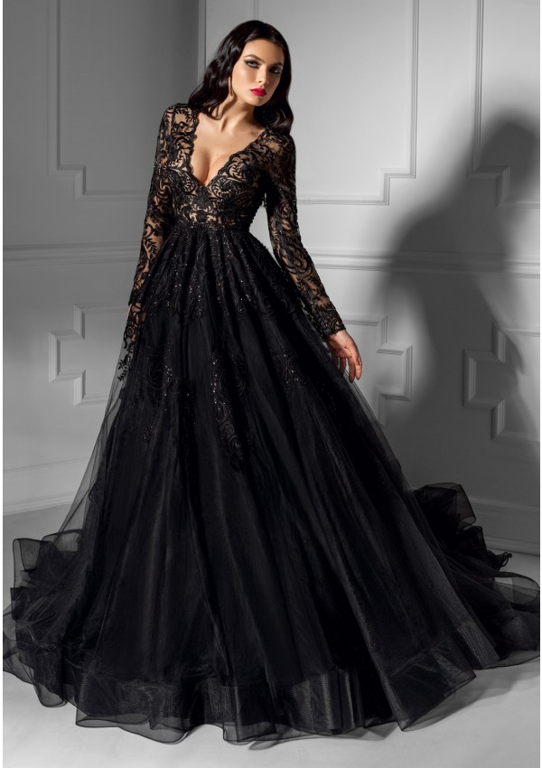 Elegant Black Long Sleeve Evening Dresses V Neck Lace Prom Dress Sweep Train Plus Size Red Carpet Party Gowns Custom