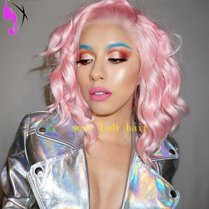 Side part Short Bob Hairstyle wig Heat Resistant natural deep wave Pink Synthetic Lace Front Wigs Soft Hair For Women natural hairline