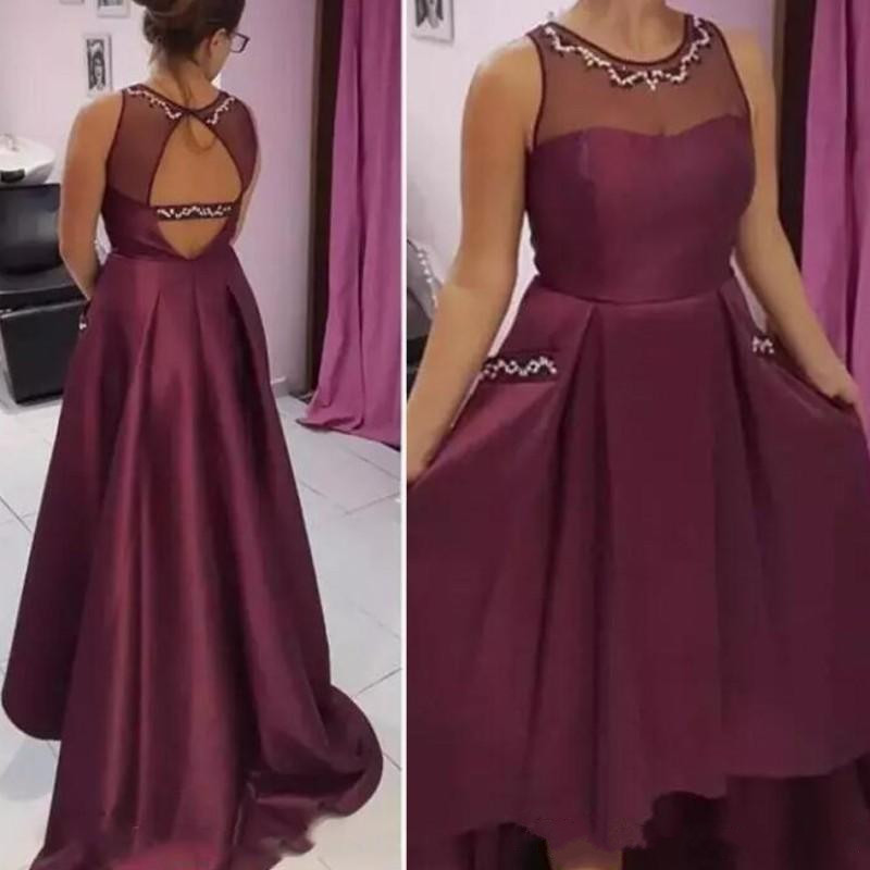 Burgundy High Low Prom Dresses Sheer Neck Backless Maid of Honor Gowns Sequins Beaded Formal Party Dress Evening Gowns
