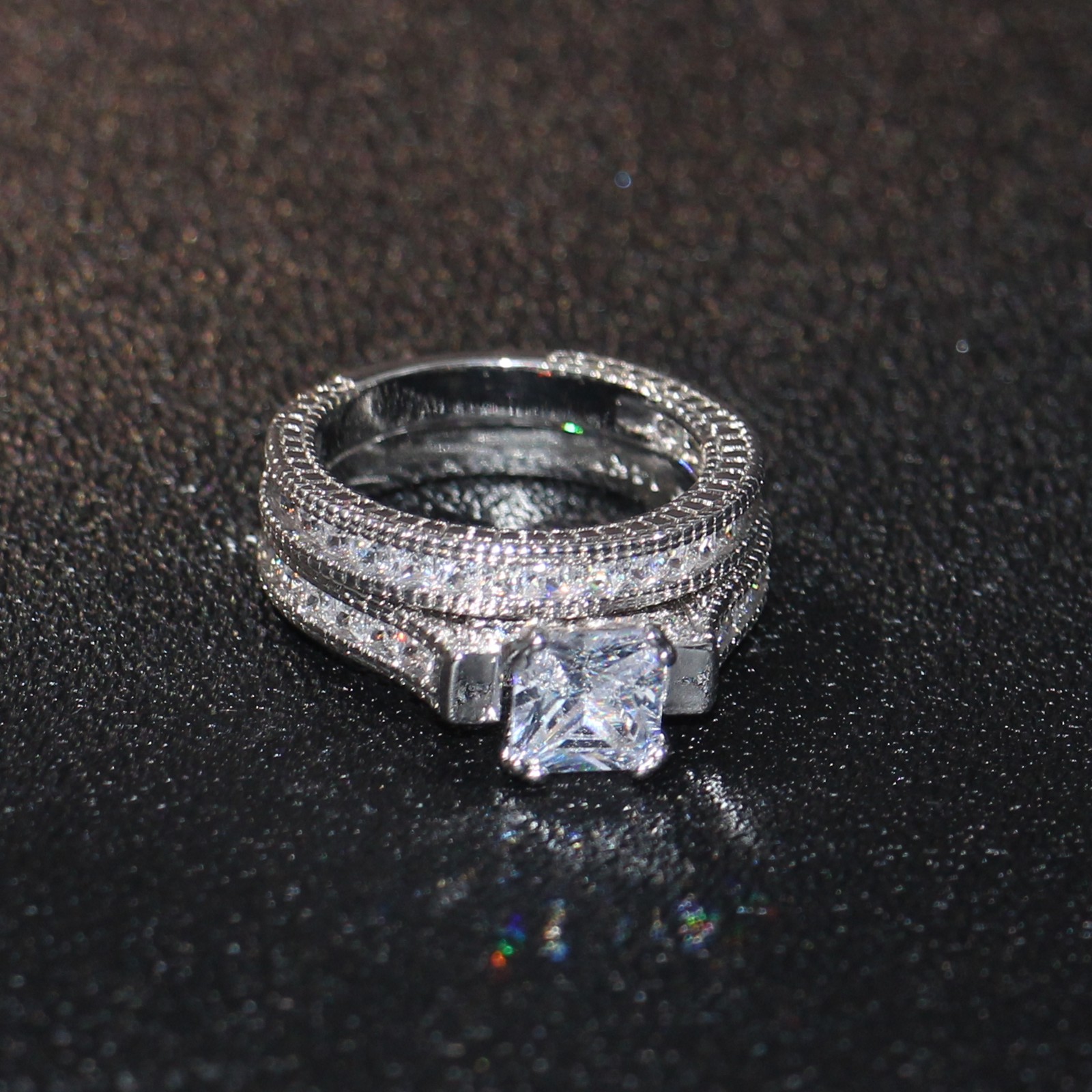 Victoria Wieck Hot Top Selling New Arrival Vintage Fashion Jewelry 14KT White Gold Filled Princess Cut Topaz Gemstones Women Bridal Ring Set