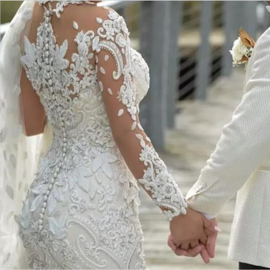 Azzaria Haute Mermaid Dresses Nigeria High Neck Full Back Dubai Arabic Castle Bridal Gowns Plus Size Long Sleeve Wedding Dress