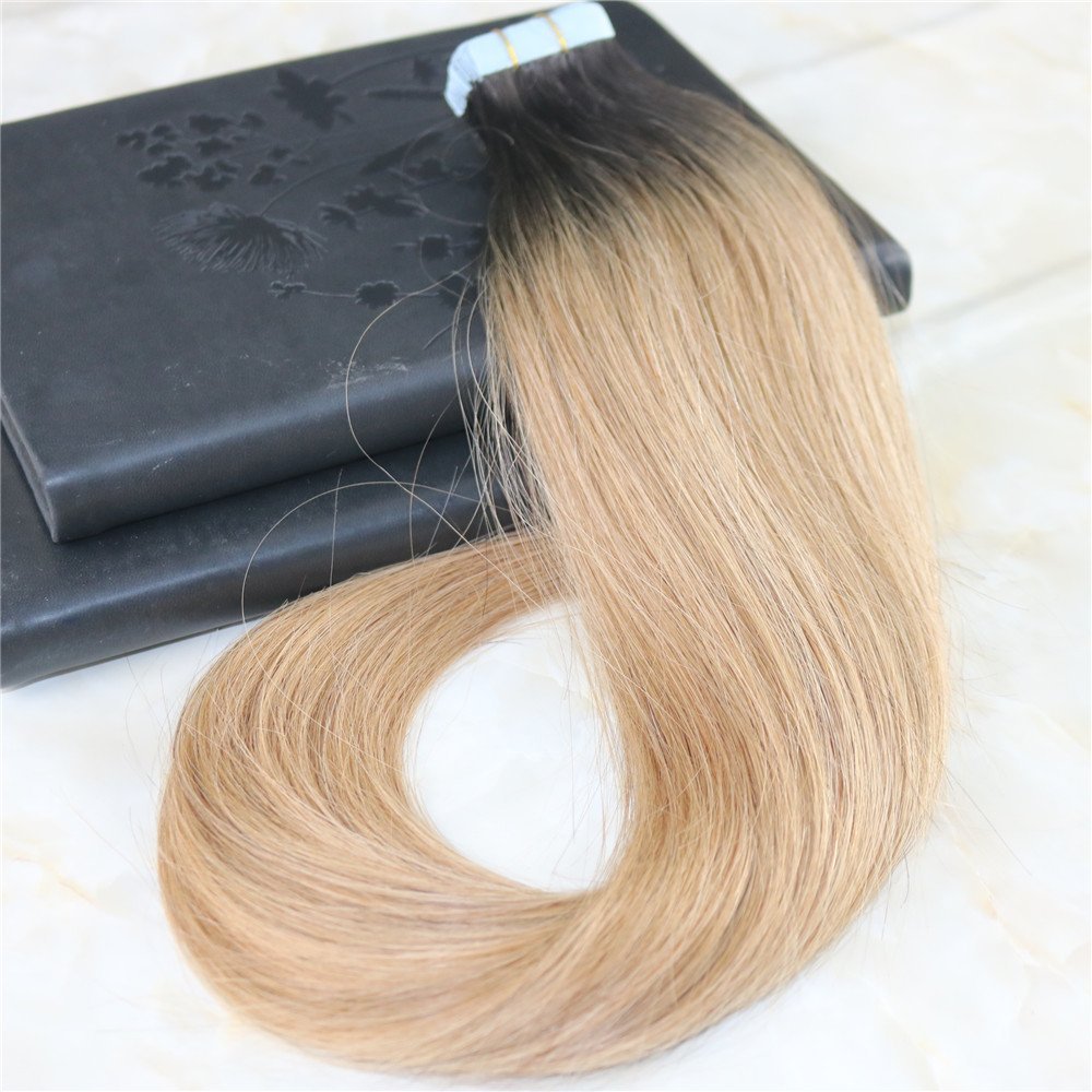 Human Hair Extensions Tape Remy Hair Full Head Balayage Color #2 Fading to #6 Mixed Honey Blonde Skin Weft 100g 40Pcs Seamless