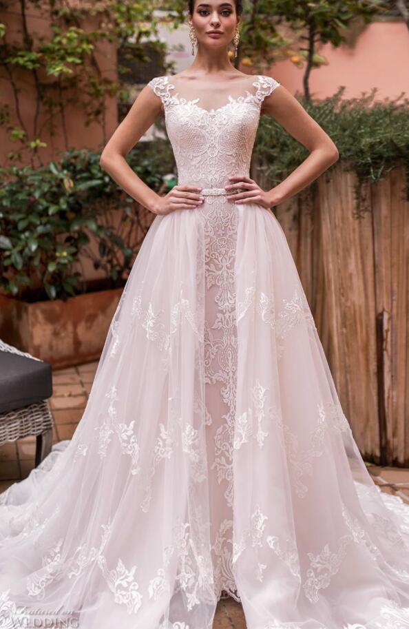 2019 Mermaid Wedding Dresses With Detachable Skirt Sweep Train Lace Appliques Country Bridal Gowns Cap Sleeve Plus Size Boho Wedding Dress
