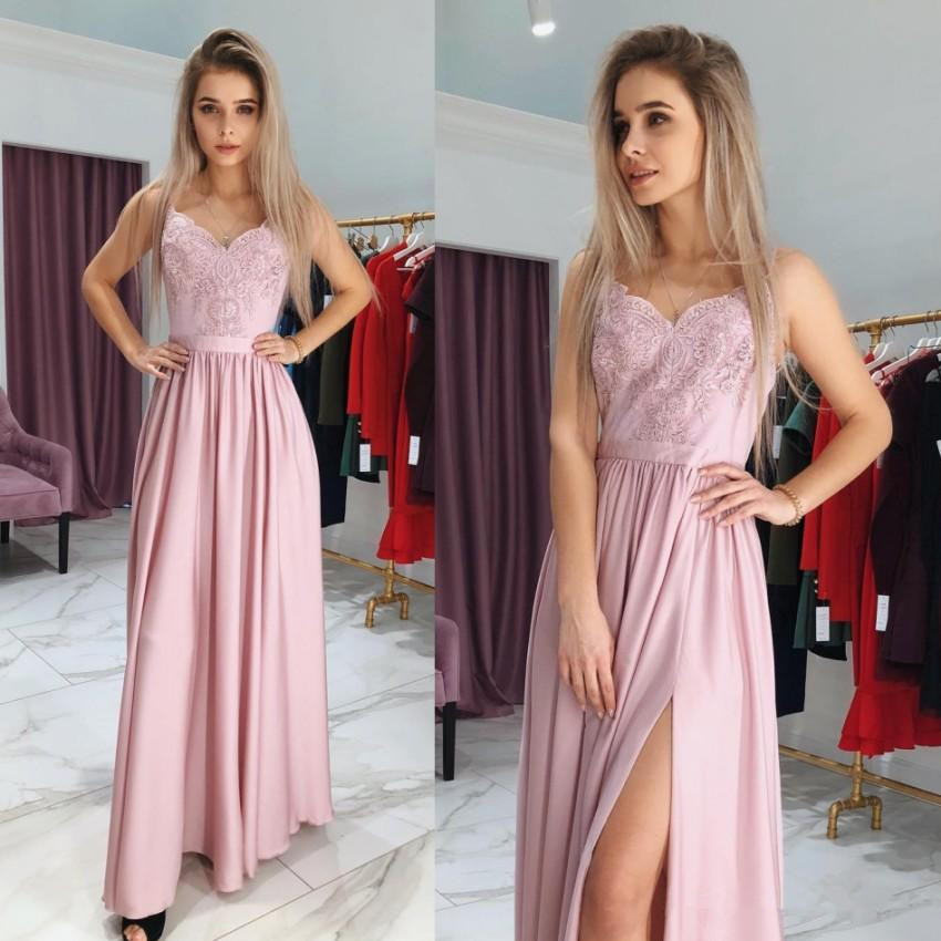 Peach A Line Prom Dresses Spaghetti Straps Split Evening Gowns Cheap Appliques Special Occasion Dress Custom Made