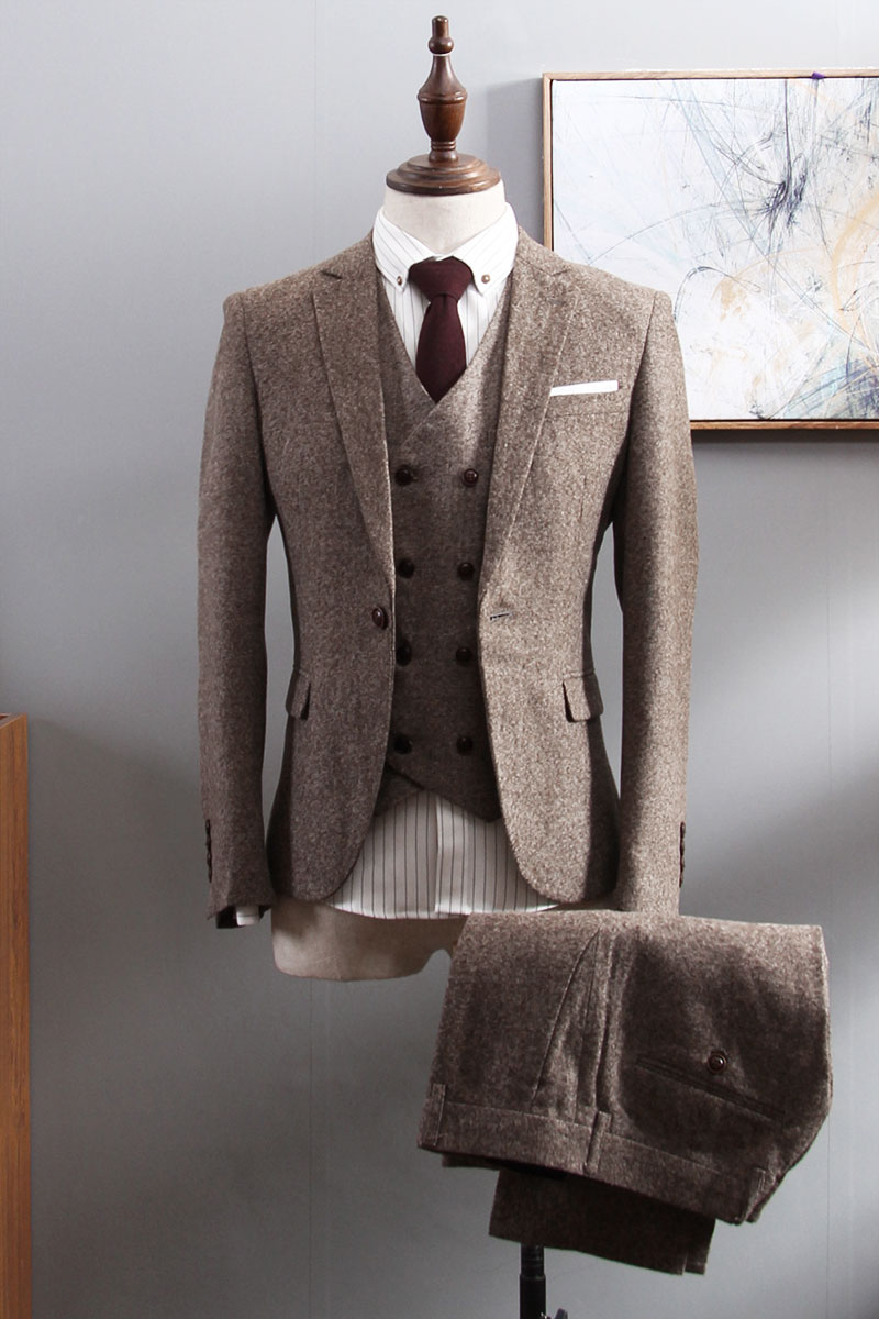 2019 Wool Slim Fit Groom Tuxedos Wedding Suits Herringbone Tweed Groomsmen BestMan Prom Suits (Jacket+Pants+Vest) Real Image Plus Size