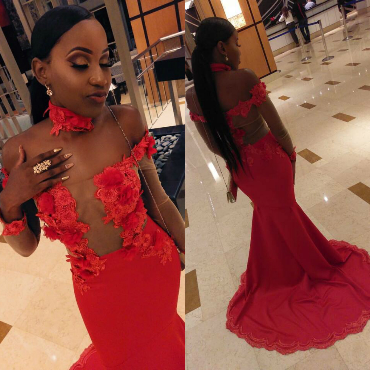 red mermaid new prom dresses long sleeves off the shoulder 3d flowrl appliqued lace evening gown sweep train formal party dress