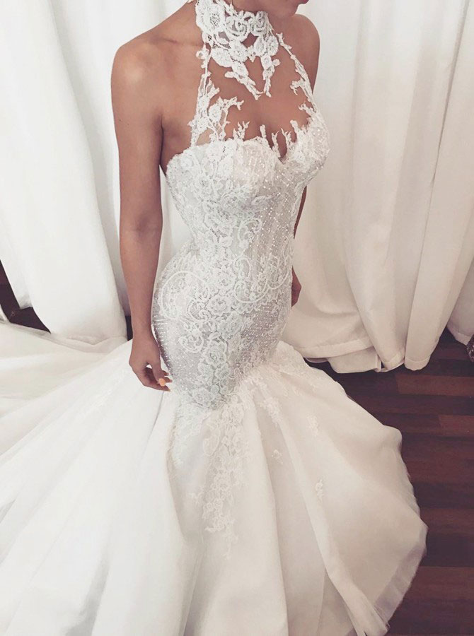 High Quality Sleeveless High Neck Mermaid Wedding Dresses Bridal Gowns with Appliques In Stock, Champagne
High Quality Sleeveless High Neck Mermaid Wedding Dresses Bridal Gowns with Appliques In Stock, Champagne