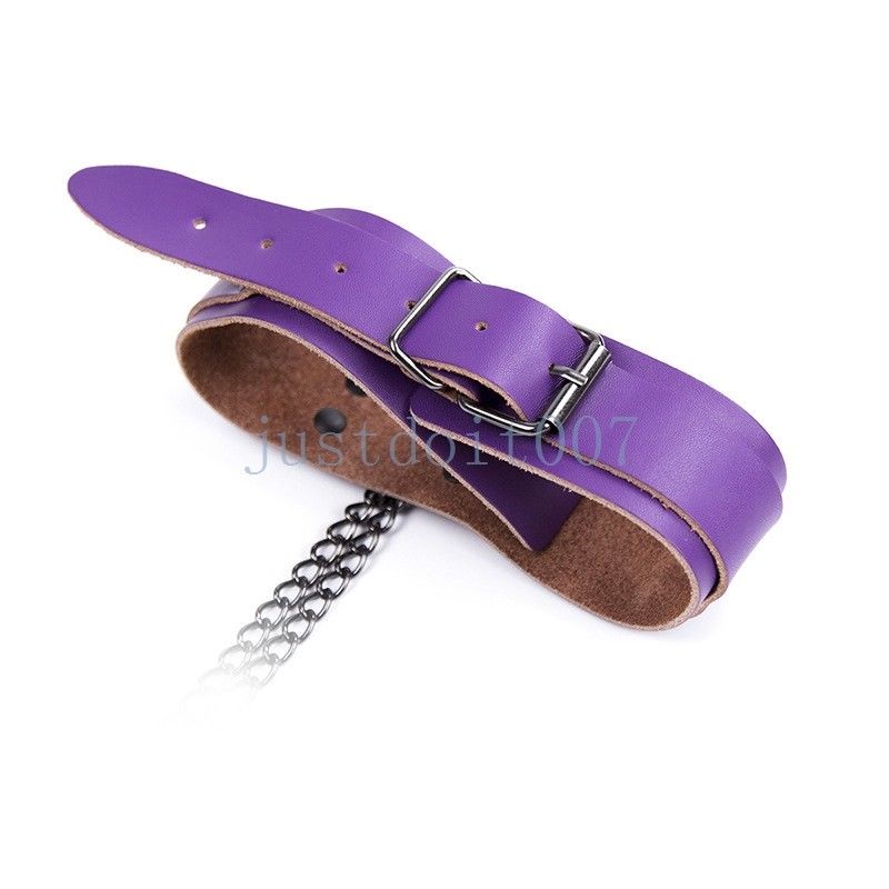 Bondage Real Leather Buckled Chain Restraints Neck Collar Prop Clips Clamp cuffs Cosplay #R45