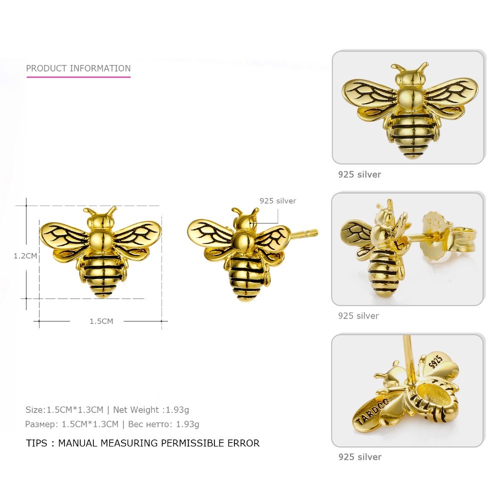 Tardoo Gold Bee Stud Earrings 925 Silver Women Cute Bee Earring Fashion Jewelry Black Stripe Gold Honey Bee Animal Stud Earring Y18110503