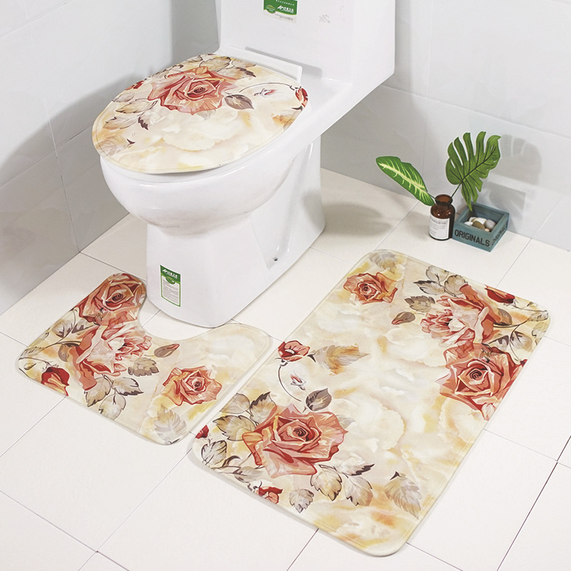 Zeegle Floral 3Pcs Bathroom Mat Set Anti-slip Bathroom Floor Rugs Cushion Toilet Seat Cover Toilet Bath Mat Carpet Set