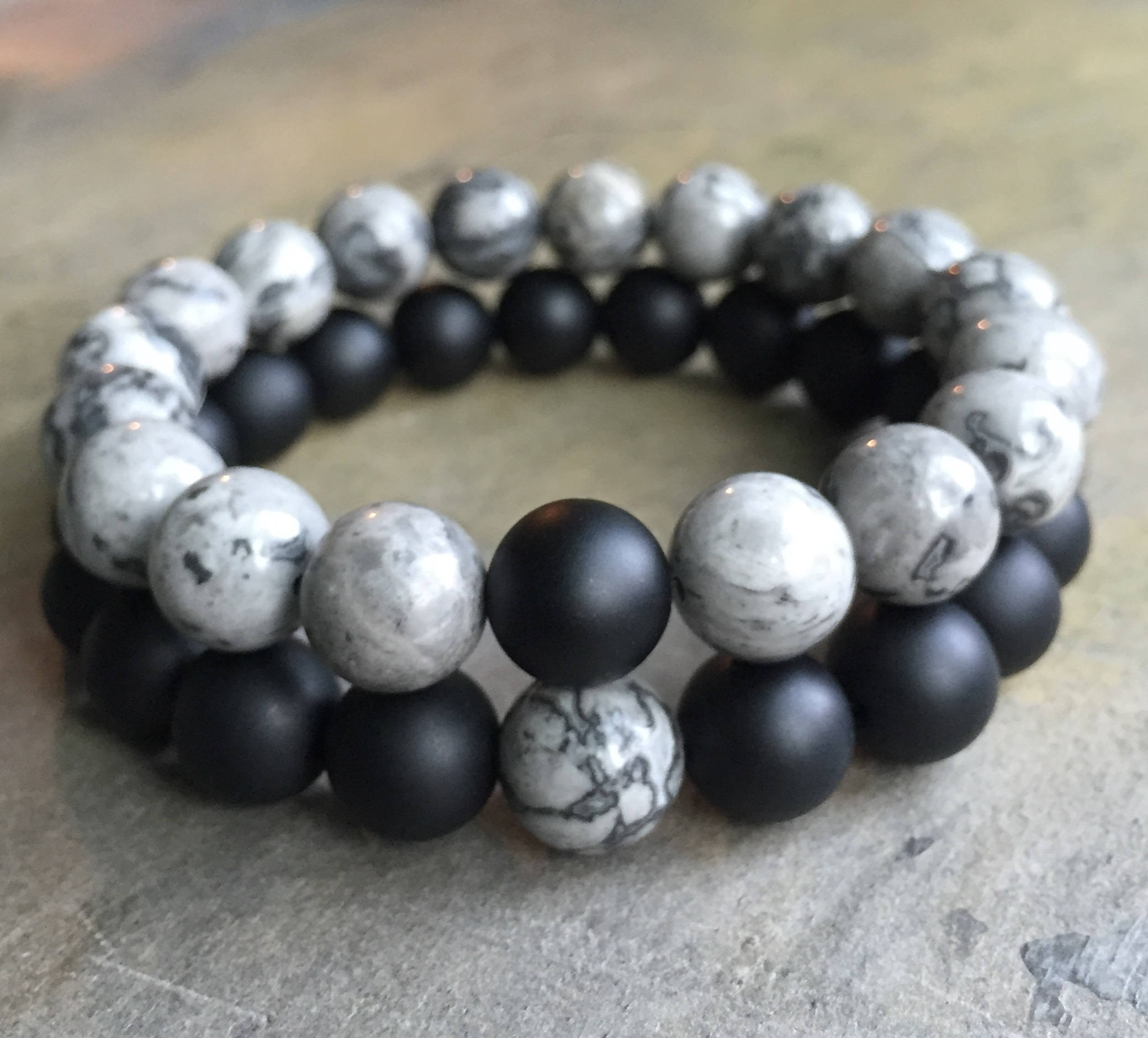 10mm Gray Picture Jasper Beads Bracelet,10mm Matte Black Onyx Beads Elastic Bracelet,Gemstone Bracelet ,Bead Bracelet ,Gifts