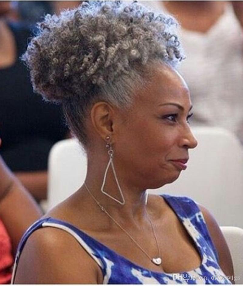 Women silver grey hair extension salt&pepper gray afro puff kinky curly drawstring human hair ponytaisl hairpiece clip in updo bun chignon pony tail 8