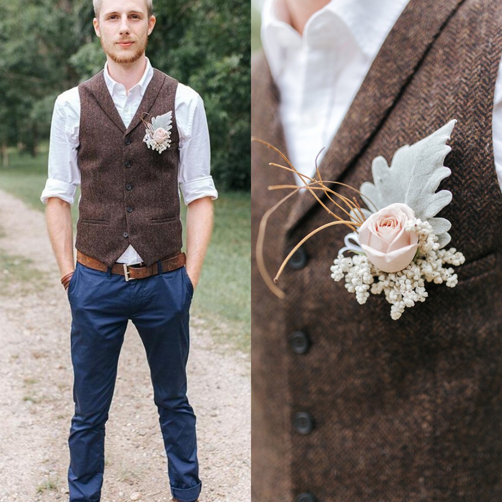 2019 Country Farm Wedding Vests Brown Wool Herringbone Tweed Groom Vests Groomman Vest Slim Fit Mens Suit Vest Prom Wedding Waistcoat