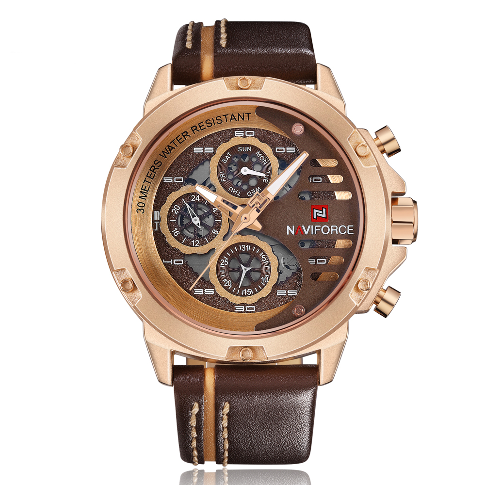 NAVIFORCE Original Good quality Men's Analog Quartz Waterproof Sport Leather Band Week Multi-function Wrist watch 9110, Rose gold all brown
NAVIFORCE Original Good quality Men's Analog Quartz Waterproof Sport Leather Band Week Multi-function Wrist watch 9110, Rose gold all brown