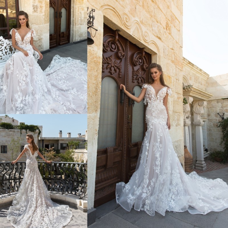 Eva Lendel 2019 Mermaid Wedding Dresses 3D Floral Appliqued Lace Vestidos Bridal Gowns Deep V Neck Backless Long Train Wedding Dress
