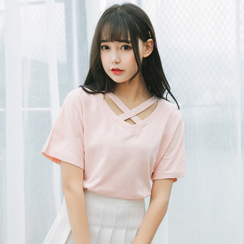 2018 Summer New Women Cute Pink T Shirt Korean Fashion V-Neck Hollow Out Short Sleeve T-shirt Woman Casual All-match Tees
2018 Summer New Women Cute Pink T Shirt Korean Fashion V-Neck Hollow Out Short Sleeve T-shirt Woman Casual All-match Tees