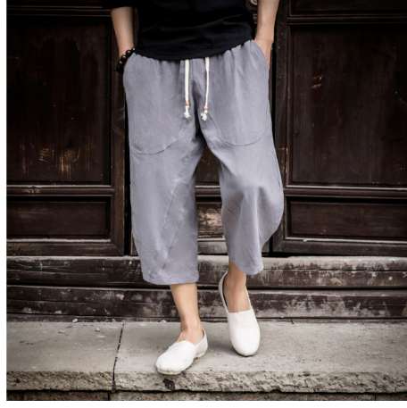 Men's Linen trousersFashion Men's Elastic Waist Wide Leg Cotton Harem Baggy mens Pants Patchwork Linen Capri Trousers