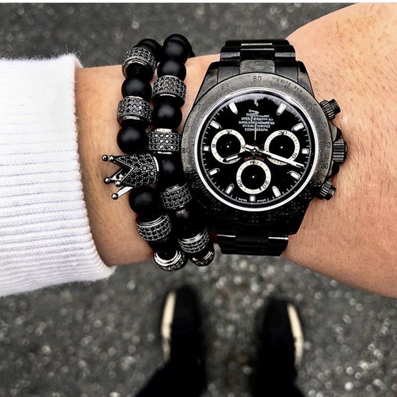 2pcs/set Micro inlay zircon Round Stopper Men Crown Charm Bangle Natural Beads Buddha Bracelet for Women Pulseras Masculina