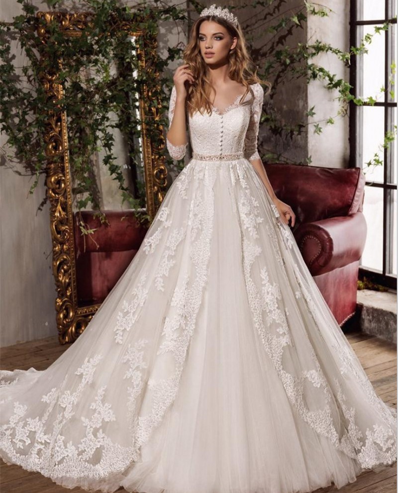 Elegant A-line V-neck Half Sleeve Tulle Wedding Dress Hollow Back Bow Sash Appliques Bridal Bride Gowns Court Train Robe De Mariage