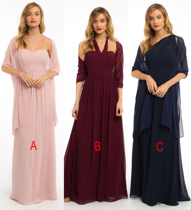 New Summer Chiffon Bridesmaid Dresses Long Ruched A-line Maid of Honor Dresses Plus Size Formal Party Evening Gowns With Shawl