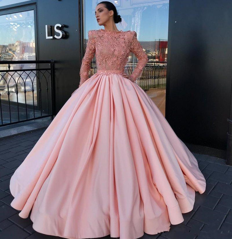Beaded Ball Gown Prom Dresses 3D Floral Jewel Neck Long Sleeves Evening Gowns Robes De Soiree Sweep Train Satin Formal Dress S S