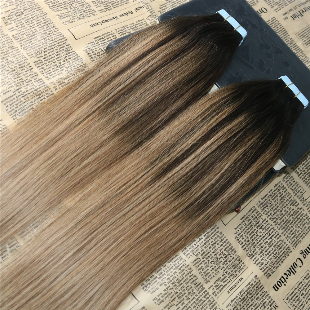 Ombre Color #2 Dark Brown fading to #6 Balayage Skin Weft Human Hair Extensions Tape in Extensons Slik Straight 40Pcs Tape on Hair