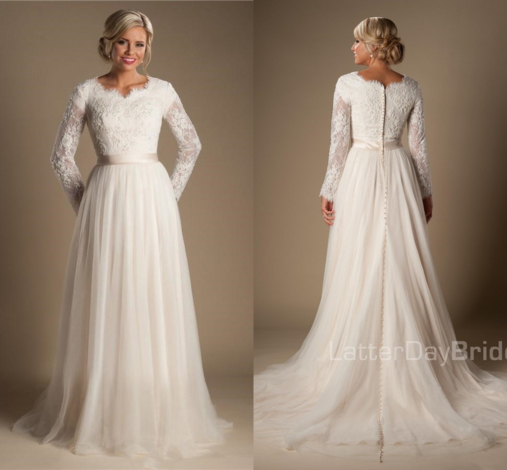 A-line Beaded Lace Tulle Modest Wedding Dresses With Long Sleeves Scalloped Neck Buttons Up Back Full Sleeves Long country Bridal Gowns, Red
A-line Beaded Lace Tulle Modest Wedding Dresses With Long Sleeves Scalloped Neck Buttons Up Back Full Sleeves Long country Bridal Gowns, Red