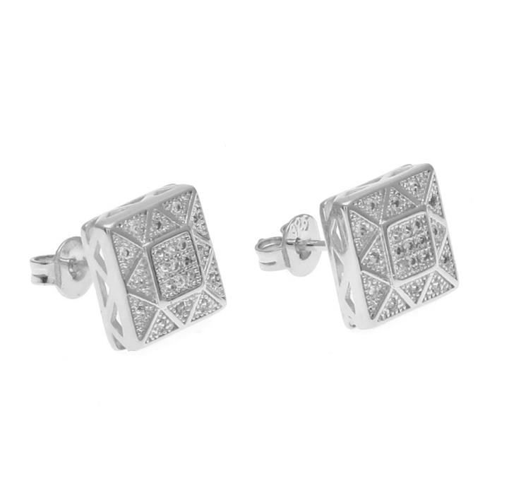 Mens 18k White Gold Plated Crystal Earring Square Fashion Men Jewelry Hip Hop Square Copper Stud Earrings