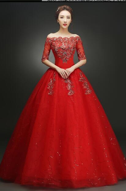 2 color Hot Sale Sexy Red 2016 New Arrival Boat Neck Half Red Lace Material Princess Bling Wedding Dress Custom Made Ball Gown