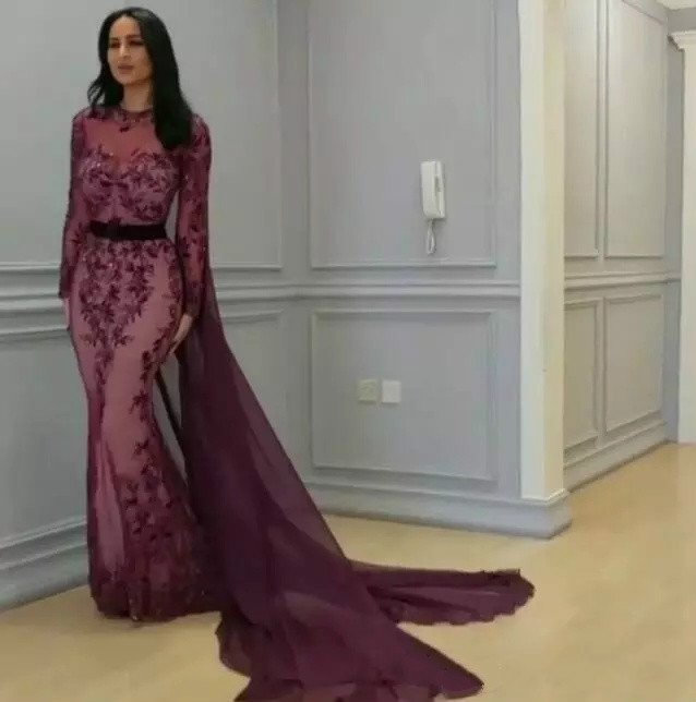 Yousef Aljasmi Evening Dresses Labourjoisie Long sleeve Cape Sequines Appliques Grape Mermaid Dubai Arabic Kaftan Prom Formal Gown Party
