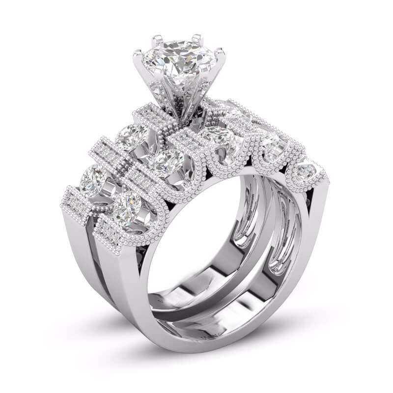 Unique Vintage Choucong Couple Rings: Sier, Retro Eternity, Round Cut White Topaz CZ Dia Women's Bridal Ring Set