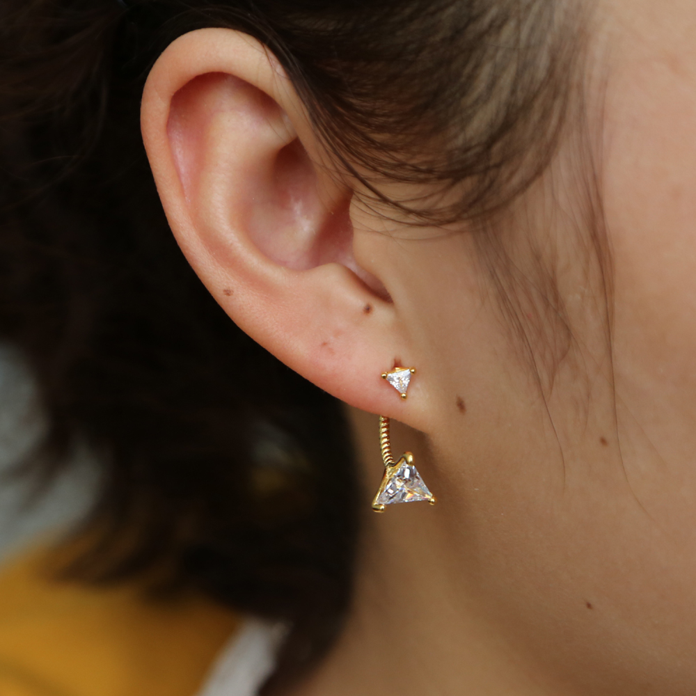 gold plated triangle cz jacket earring for women 925 sterling silver double sided geometric fashion jewelry