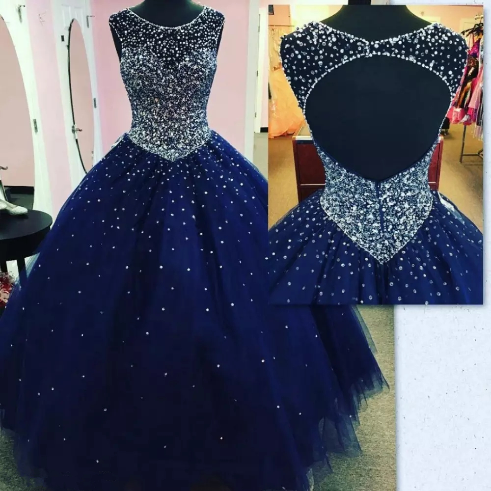 2018 Sexy Quinceanera Dresses Ball Gown Princess Puffy Navy Blue Tulle Masquerade Sweet 16 Dress Backless Prom Girl Prom Party Gown
