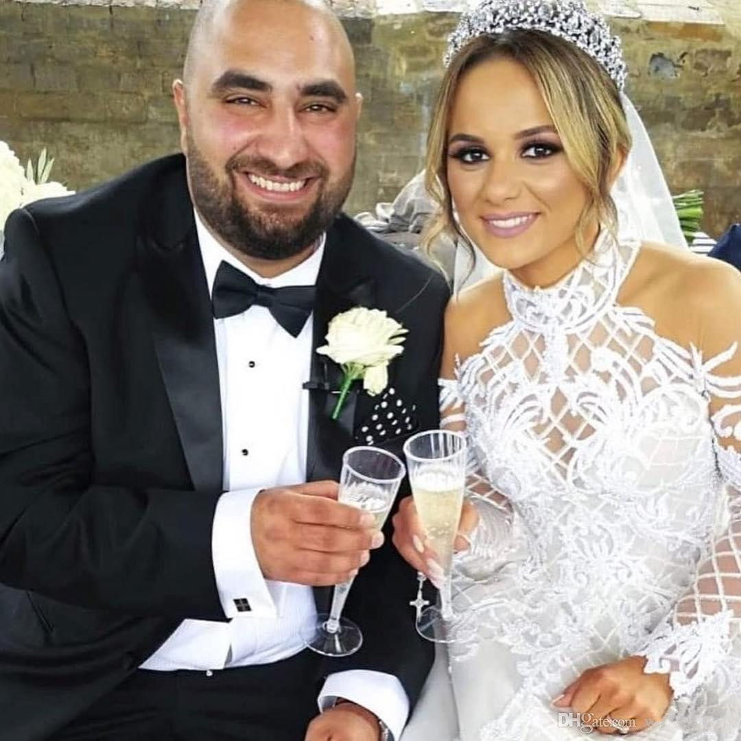 Luxury 2019 Lace Ball Gown Wedding Dresses Long Sleeves High Collar Beaded Bridal Gowns Appliqued Cathedral Train Sequined Vestidos De Novia