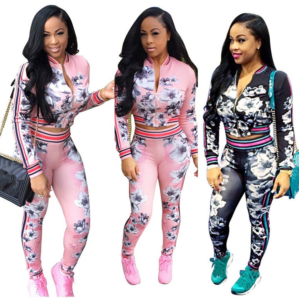 Women's Tracksuits Fashion 2021 Women Casual Long Sleeve Top And Elastic Waist Pants 2 Piece Sets Stripe Patchwork Zipper Printed Suits1