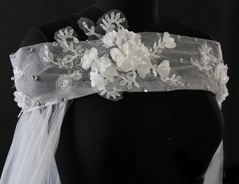 2020 Luxurious Off Shoulder 3D Flowers Crystal 115inch Cathedral Train Wedding Bridal Wraps Applique Lace Wedding Bridal Capes