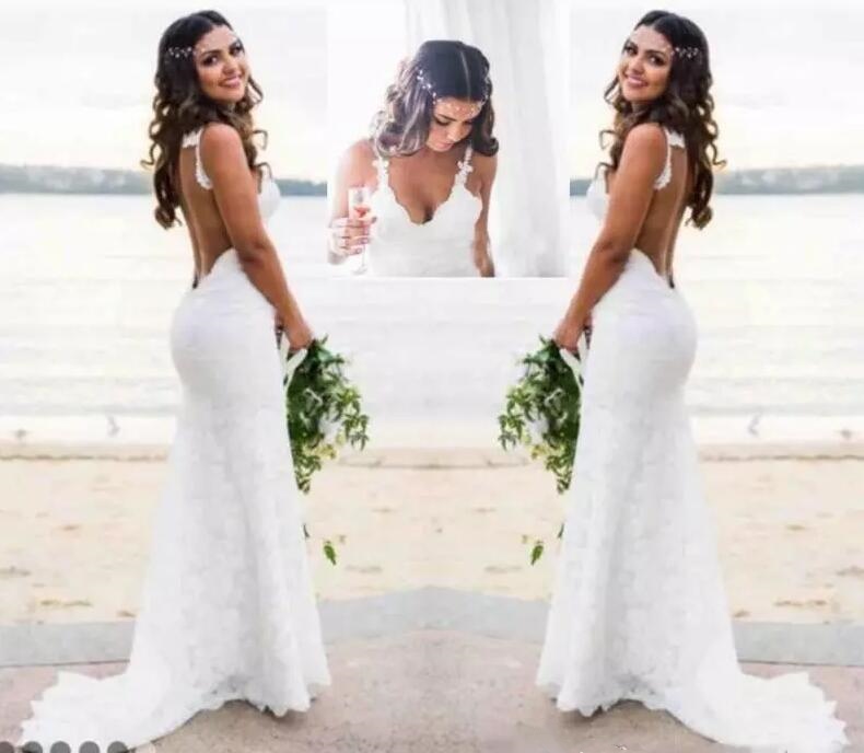 Country Beach Full Lace Bridal Sleeveless Bohemian Dresses Backless Wedding Gowns Straps V Neck Spaghetti Robe De Mariage 0510