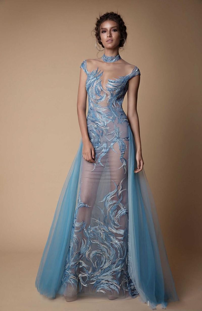 Berta Illusion Dresses Evening Wear High Collar Sexy Prom Dress Backless Mermaid Runway Fashion Gown With Detachable Train