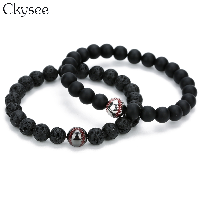 Ckysee 8mm Natural Stone Beads Bracelet Jewelry For Women Black White Color Elastic Rope Baseball Charm Bracelets Couple Jewelry
