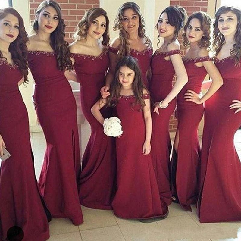 

2018 Burgundy Mermaid Bridesmaid Dresses Off Shoulder Capped Sleeves Beaded Size Slit Sweep Train Arabic Wedding Guest Maid of Honor Gowns