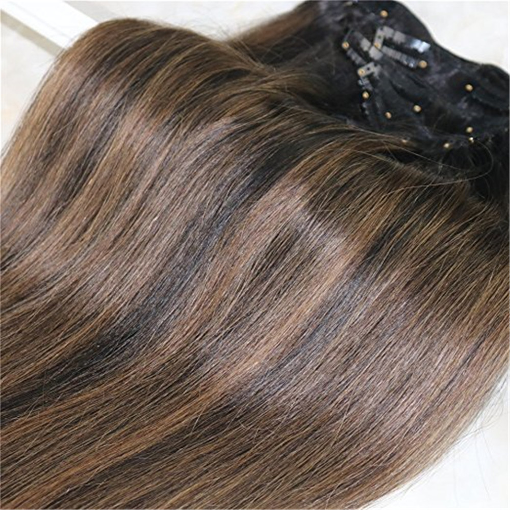 Ombre Color Remy Human Hair Bundles #1b Natural Black to #6 Medium Brown and Natural Black Clip in Human Hair Extensions 7pcs 120g