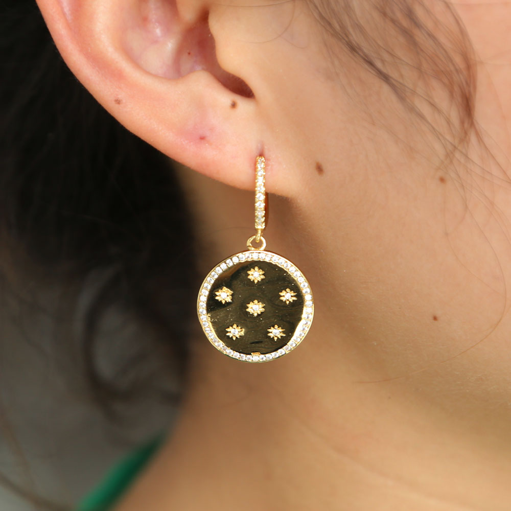 Top quality Gold plated starburst northstar dangle earring Sparking inset CZ lovely charming star design gorgeous european jewelry